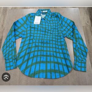 Bianca Saunders Men’s LS button down. Blue/green grid print. 100% cotton